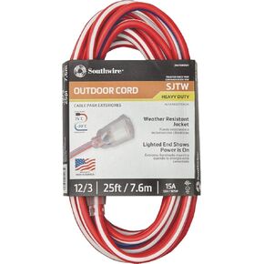 Southwire 2547SWUSA1 25-Feet; Contractor Grade; 12/3; Lighted End Red White and Blue; American Made Extension Cord; Indoor and Outdoor Use; Water Resistant Flexible Jacket; Foot; Ft