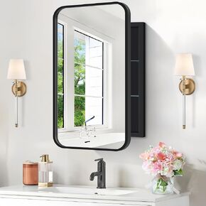 Recessed Medicine Cabinet with Mirror, Metal Framed 16x24In Bathroom Mirror with Storage, Rounded Rectangle Vanity Mirror with Cabinet, Black Wall Cabinets for Bathroom Storage