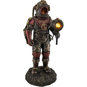 Veronese Design 10 5/8" Tall Steampunk Skeleton in Diving Suit Statue LED Lighting Diving Bell Statue Cold Cast Resin Antique Bronze Finish Sculpture