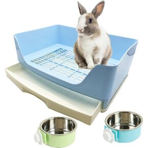 PINVNBY Rabbit Corner Litter Box with Drawer for Cage Small Animal Litter Pan Hanging Pet Feed Bowls Cage Potty Trainer Pet Toilet for Rabbit Bunny Guinea Pigs Chinchilla Ferret