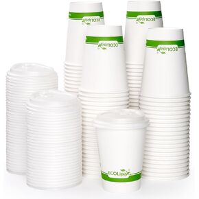 ECOLipak 100 Count 16 oz Compostable Paper Coffee Cups, Biodegradable Disposable Coffee Cups with CPLA Lid, Eco-friendly Hot Drinking Cups for Party, Picnic, Travel,and Events