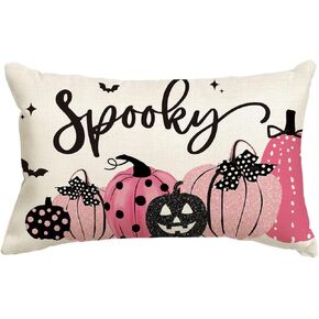 AVOIN colorlife Halloween Spooky Polka Dot Pumpkin Throw Pillow Cover, 12 x 20 Inch Bat Horror Pink Cushion Case Decoration for Sofa Couch