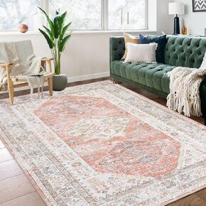 Washable Area Rug 5x7 Stain Resistant Rug Non Slip Distressed Rug Low Pile Thin Rug Non Shedding Indoor Throw Carpet for Bedroom Laundry Room, Grey
