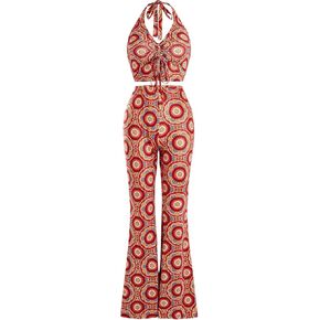 Verdusa Women's 2 Piece Outfits Drawstring Crop Halter Top and Wide Leg Pants Sets Red XL