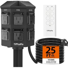 Outdoor Power Strip with Remote, 25FT Extension Cord Waterproof, Independent Control Outlets, 6 Grounded Outlets for Outdoor Decorations, 14 AWG, 15A/1875W, ETL Listed