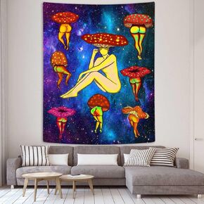 JAWO Aesthetic Mushroom Tapestry, UV Reactive Blacklight Tapestry Wall Hanging Home Decor Tapestries, Galaxy Space Wall Hanging for Men Bedroom Party Decor Glows in the Dark 40 x 60 Inches
