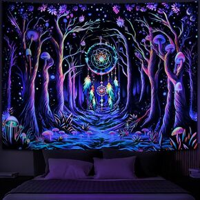Galoker Blacklight Fantasy Forest نسيج النيون الفطر نسيج الأشعة فوق البنفسجية التفاعلية Dreamcatcher نسيج الجدار غالاكسي الفضاء نسيج الجدار شنقا لديكور المنزل (H51.2 × W59.1 بوصة) in Kuwait