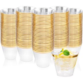 Nervure 120PCS Gold Plastic Cups - 9Oz Gold Rimmed Plastic Cups - Heavy Duty Disposable Clear Plastic Cups with Gold Rim Perfect for Weddings, Receptions & Parties