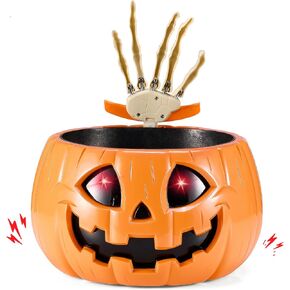 Halloween Candy Bowl Animated Pumpkin Candy Holder with Moving Skeleton Hand Creepy Sound and Red Eyes for Halloween Decorations Indoors and Trick or Treats