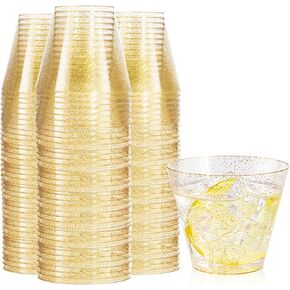 Nervure 120PCS Gold Plastic Cups - 9Oz Gold Rimmed Plastic Cups - Heavy Duty Disposable Clear Plastic Cups with Gold Rim Perfect for Weddings, Receptions & Parties
