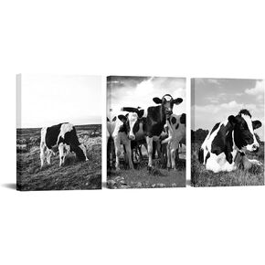 Nachic Wall 3 Piece Farm Animal Canvas Wall Art Black and White Milk Cow Pictures Animal Painting Prints Framed Art Vintage Home Cabin Farmhouse Decorations