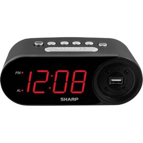 SHARP Digital Easy to Read Alarm Clock with 2 AMP High-Speed USB Charging Power Port - Charge Your Phone, Tablet with a high Speed Charge! Simple, Easy to Use Operation, Black – Green LEDs