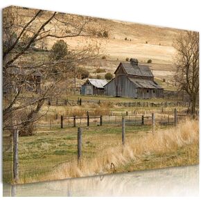 Framed Rustic Farmhouse Wall Art Vintage Barn Wall Art Country Field Landscape Wall Decor Bathroom Wall Decor Canvas Prints Home Decor for Bedroom Living Room 16x12inch Ready to Hang