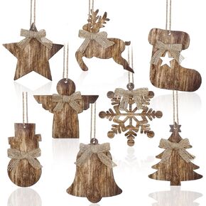 8 Pcs Rustic Christmas Tree Ornaments Xmas Angles Snowflake Wood Ornaments Angel Snowman Farmhouse Wood Decorations Christmas Tree Hanging Ornaments for Home Winter Party