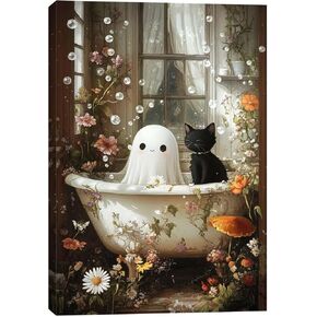 FOTRIC Halloween Canvas Wall Art Bathroom Decor Print Poster Ghost and Black Cat in Bathtub Dark Academy Floral Art Ghost Face Bubble Bathroom Room Aesthetic Decor Unframed16*24 inch