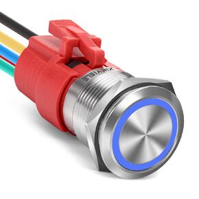 19MM Latching 12V DC Push Button Switch On/Off,Waterproof with LED Light Power SPDT Button Switch for Marine,0.74" Hole with Wire Socket Plug Self-Locking(Ring Blue LED/Black Shell)