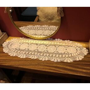 Beige Handmade Crochet Cotton Table Runner Lace Doilies Doily Oval Dresser Scarves,11.8 by 43 Inches.