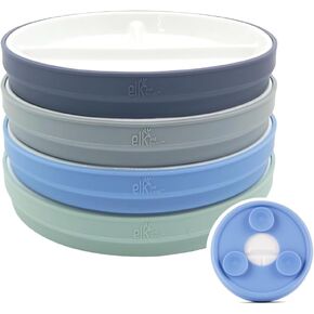 Elk and Friends Kids 6.7" Porcelain White Plates with Silicone Suction Sleeves Sleeves | Divided Plates | Suitable for Babie/Kids/Toddlers | Microwave & Dishwasher Safe | Non Slip | Snack Dishes