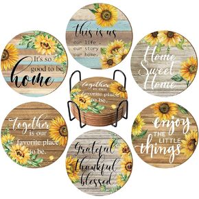 Chengu 6 Pieces Vintage Sunflower Drink Coasters with Holder Absorbent Coaster Sunflower Wood Drink Coasters Thank You Gifts for Christmas Farmhouse Drinks Coasters for Home Office Decoration (Wood)