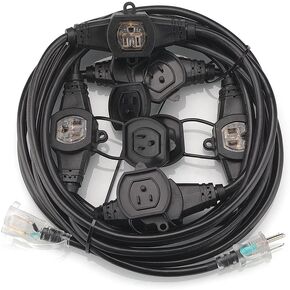 25FT 14 Gauge 3 Prong Extension Cord,6 Socket Evenly-Spaced,Nema5-15P/Nema5-15R Male to Female Connector,Stage Back Lines Power Board,Multiple Cable for Party and Christmas Decoration ETL listed