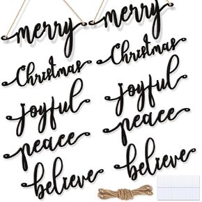 Set of 10 Xmas Wooden Cutout Letter Plate Ornaments Rustic Merry Sign Christmas Wooden Sign Table Decors Joyful Peace Believe Cutout Plates Ornament for Home New Year Christmas (Natural Wood Color)