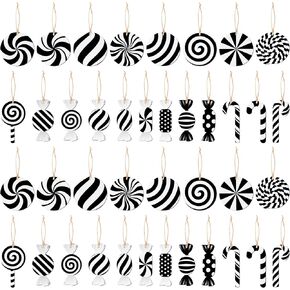 B1ykin 41Pcs Christmas Black White Candy Cane Sugar Wooden Hanging Decoration, Xmas Tree Peppermint Lollipop Ornament Set, Wood Craft Decor Winter Holiday Christmas Party Supplies for Home Fireplaces