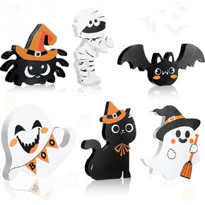 6Pcs Halloween Table Decorations Indoor Halloween Wooden Table Centerpieces Cute Ghost Black Cat Signs Blocks Witch Mummy Table Sign Halloween Tiered Tray Decor for Home Shelf Mantel Display