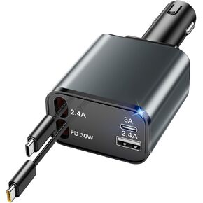 HATALKIN Retractable Car Charger, 69W Smaller 4 in 1 Fast Car Phone Charger, 2 Retractable Cables and USB C Car Charger, Car Charger Adapter for iPhone 15/Pro Max/14/13/12/11/ iPad Pro/Samsung/Pixel
