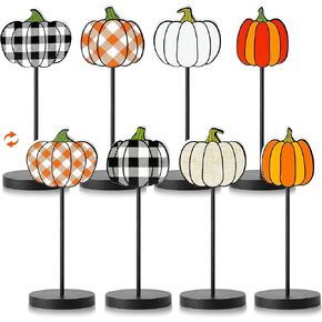 WATINC 4pcs Autumn Pumpkin Wood Centerpiece Table Decorations, Home Farmhouse Fall Halloween Buffalo Plaid Tiered Tray, Reversible Thanksgiving Tall Standing Tabletop Block Decor Set (Double Printed)