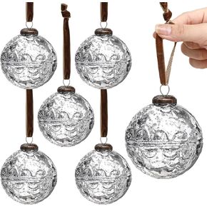Threan 6 Pcs Large Vintage Mercury Glass Christmas Ornaments 3.15" Silver Hanging Christmas Ball Ornaments Antique Embossed Ball Decorations for Christmas Tree Winter Holiday Decor Gifts