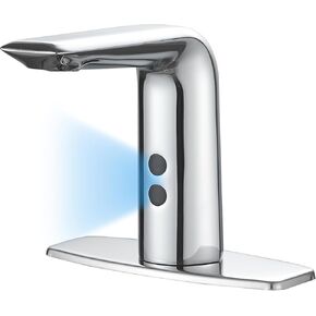 Touchless Bathroom Sink Faucet Hands-Free, Battery or Plug-in Powered, Commercial Auto Motion Sensor Faucet, AC/DC Powered, Temperature Mixing Valve, Brass, Polishe Chrome