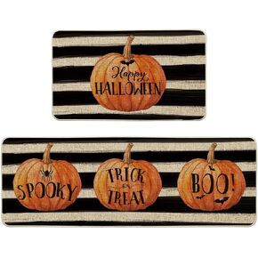 Artoid Mode Stripes Pumpkin Happy Halloween Kitchen Mats Set of 2, Spooky Trick or Treat Boo Holiday Party Low-Profile Floor Mat for Home Kitchen - 17x29 and 17x47 Inch