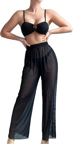 OYOANGLE Women's 3 Piece Bikini Swimsuit Ring Linked Bathing Suit with Sheer Beach Pants Cover Up in Saudi Arabia