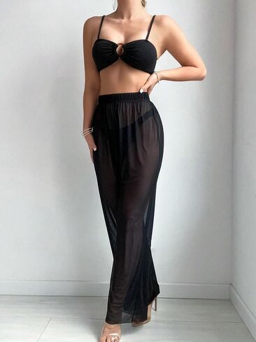 OYOANGLE Women's 3 Piece Bikini Swimsuit Ring Linked Bathing Suit with Sheer Beach Pants Cover Up in Saudi Arabia
