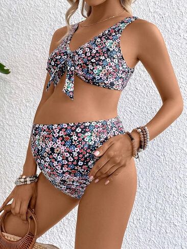 OYOANGLE Women's Maternity 2 Piece Swimsuits Floral Print Sleeveless V Neck Knot Front Bikini Sets in Saudi Arabia