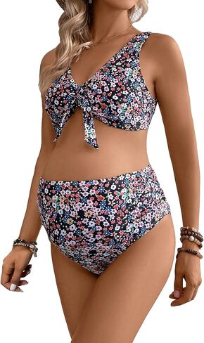 OYOANGLE Women's Maternity 2 Piece Swimsuits Floral Print Sleeveless V Neck Knot Front Bikini Sets in Saudi Arabia