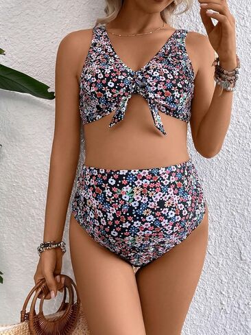 OYOANGLE Women's Maternity 2 Piece Swimsuits Floral Print Sleeveless V Neck Knot Front Bikini Sets in Saudi Arabia