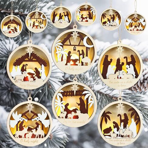 6 Pcs LED Nativity Scene Wooden Ornament 3D Christmas Religious Ornaments Rustic Light up Nativity Hanging Ornaments for Birth of Jesus Xmas Tree Christian Gift Holiday Party Decor(House) in Saudi Arabia