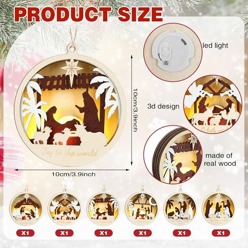 6 Pcs LED Nativity Scene Wooden Ornament 3D Christmas Religious Ornaments Rustic Light up Nativity Hanging Ornaments for Birth of Jesus Xmas Tree Christian Gift Holiday Party Decor(House) in Saudi Arabia