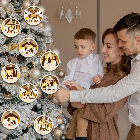 6 Pcs LED Nativity Scene Wooden Ornament 3D Christmas Religious Ornaments Rustic Light up Nativity Hanging Ornaments for Birth of Jesus Xmas Tree Christian Gift Holiday Party Decor(House) in Saudi Arabia