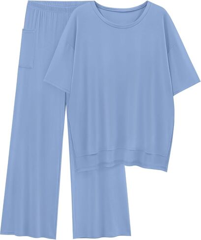 KevaMolly 2 Piece Set for Women Outfits UPF50+ Short Sleeve Pullover Tops and Wide Leg Pants Comfy Lounge Set Tracksuits in Kuwait