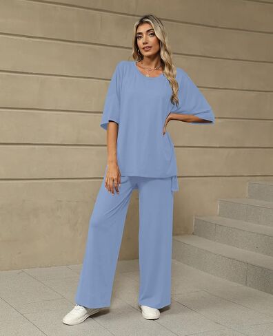 KevaMolly 2 Piece Set for Women Outfits UPF50+ Short Sleeve Pullover Tops and Wide Leg Pants Comfy Lounge Set Tracksuits in Kuwait