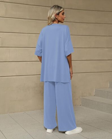 KevaMolly 2 Piece Set for Women Outfits UPF50+ Short Sleeve Pullover Tops and Wide Leg Pants Comfy Lounge Set Tracksuits in Kuwait