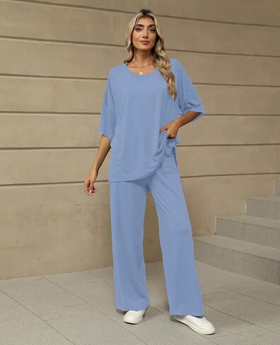 KevaMolly 2 Piece Set for Women Outfits UPF50+ Short Sleeve Pullover Tops and Wide Leg Pants Comfy Lounge Set Tracksuits in Kuwait