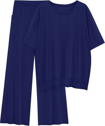 KevaMolly 2 Piece Set for Women Outfits UPF50+ Short Sleeve Pullover Tops and Wide Leg Pants Comfy Lounge Set Tracksuits in Kuwait