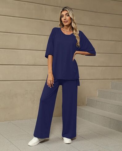 KevaMolly 2 Piece Set for Women Outfits UPF50+ Short Sleeve Pullover Tops and Wide Leg Pants Comfy Lounge Set Tracksuits in Kuwait