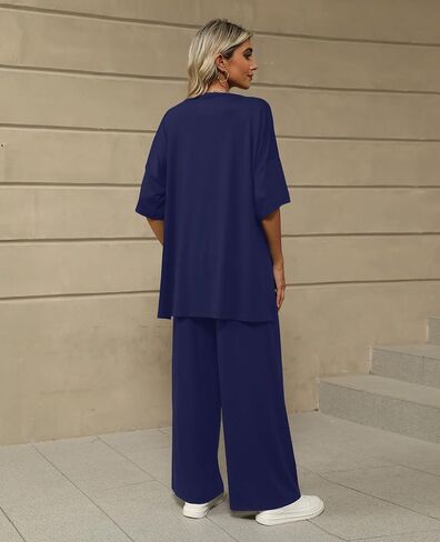 KevaMolly 2 Piece Set for Women Outfits UPF50+ Short Sleeve Pullover Tops and Wide Leg Pants Comfy Lounge Set Tracksuits in Kuwait