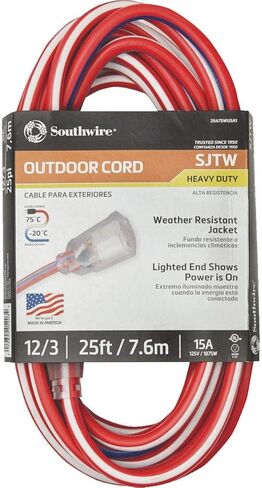 Southwire 2547SWUSA1 25-Feet; Contractor Grade; 12/3; Lighted End Red White and Blue; American Made Extension Cord; Indoor and Outdoor Use; Water Resistant Flexible Jacket; Foot; Ft in Kuwait