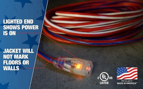 Southwire 2547SWUSA1 25-Feet; Contractor Grade; 12/3; Lighted End Red White and Blue; American Made Extension Cord; Indoor and Outdoor Use; Water Resistant Flexible Jacket; Foot; Ft in Kuwait