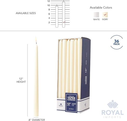 Royal Imports Unscented Taper Candles, Elegant Premium Quality, Dripless & Smokeless, Hand-Dipped Dinner Candles for Wedding, Holiday, Home Decor - 9 Hour Burn Time - Set of 36 (12 Inch, Ivory) in Kuwait